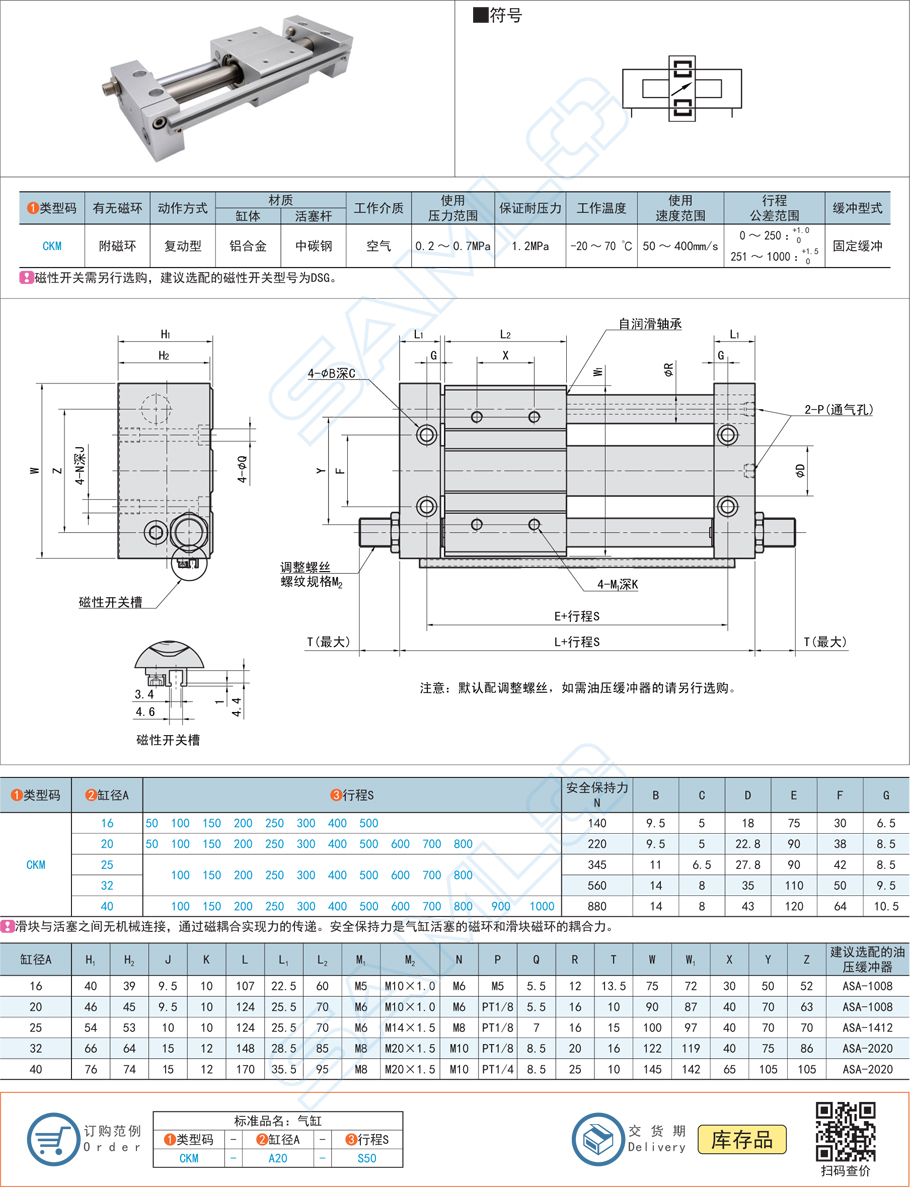 磁耦合無桿氣缸CKM規(guī)格參數尺寸材質